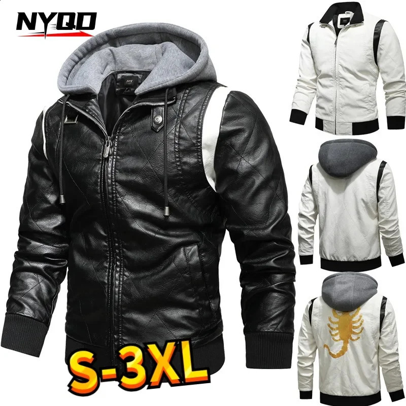 Autumn Winter Bomber Leather Jacket Men Scorpion Embroidery Hooded Jacket PU Leather Motorcycle Mens Ryan Gosling Drive Jacket 260920