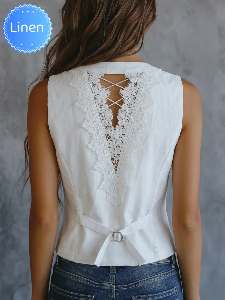 Women's Elegant Linen Vest Arrival for Spring Summer Autumn Simple Stylish with Lace Spliced Back Sleeveless Vers 260911