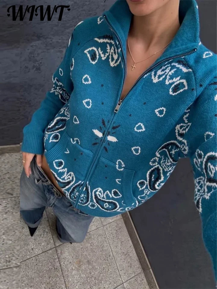 2026 Autumn Knitted Jacquard Cardigan Womens Casual Printed Zippers Stand Collar Full Sleeve Sweaters Fashion Female Knitwear 260920