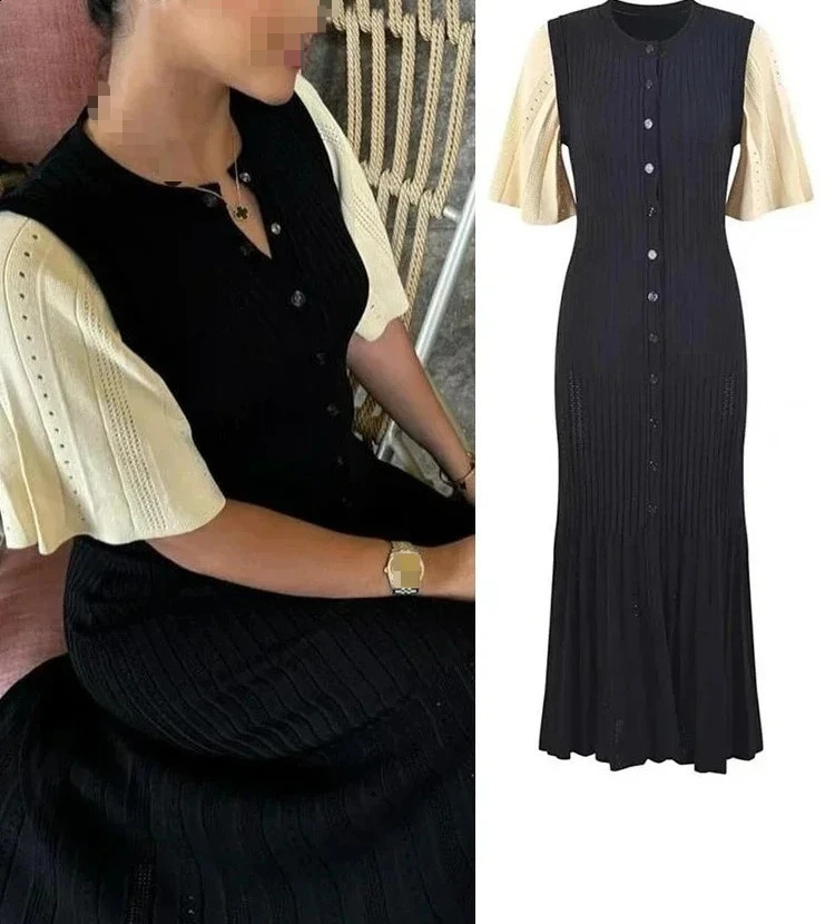 Knitted Maxi Dress For Women elegant Short Sleeve Hollow Out Ribbed Long Dresses ONeck High Waist Lady Knitwear 260920