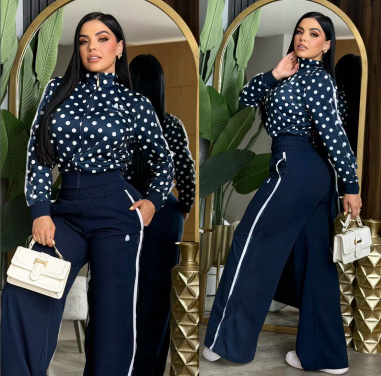 New Women's polka dot Tracksuit fashion embroidered zipper jacket +high waist wide leg pants sports leisure two-piece sets