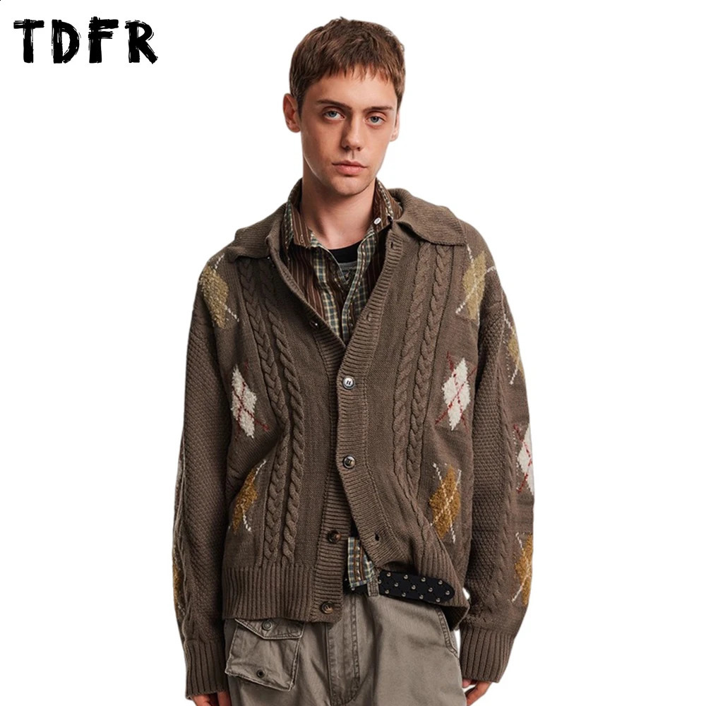 Rhombus Plaid Knitted Cardigan Mens Retro Casual Autumn Winter Lapel Single Breasted Long Sleeve Sweatercoat Man 260918