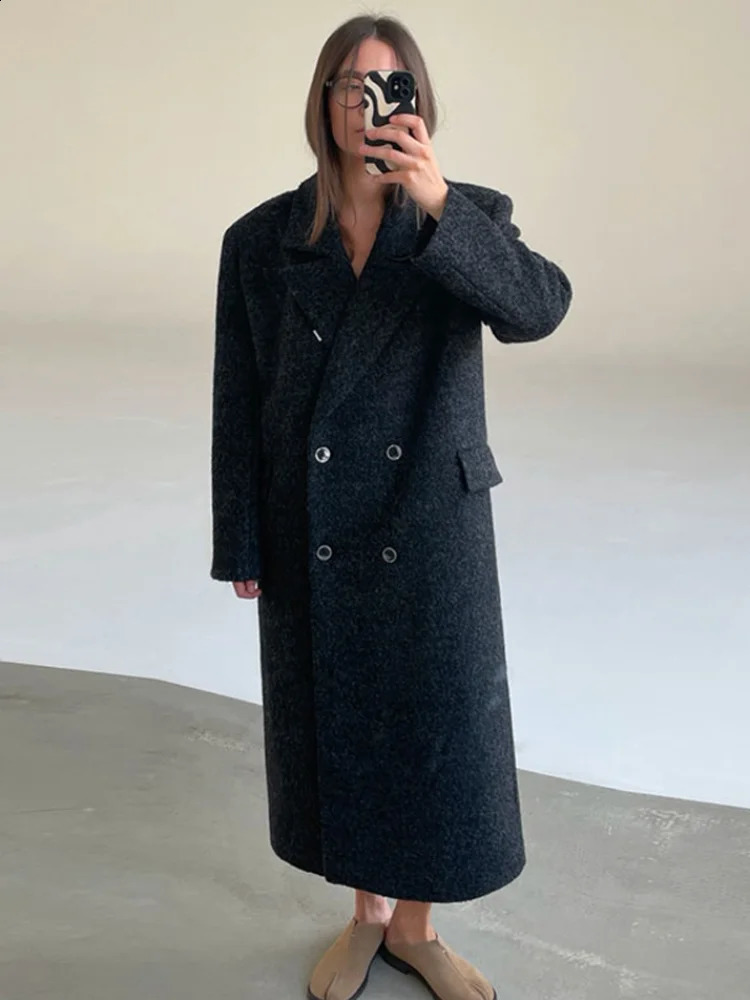Chic Women's Woolen Overcoat Autumn Winter Solid Lapel Double Breasted Long Sleeve Long Coat 2026 Elegant Lady Street Outwear 260918