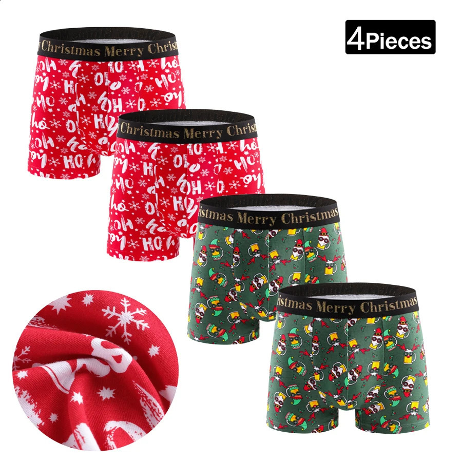 4pcs Christmas Mens Panties Cotton Shorts Print Men Underpants Letter Waistband Boxer Briefs Sexy Underwear Boxers 260920