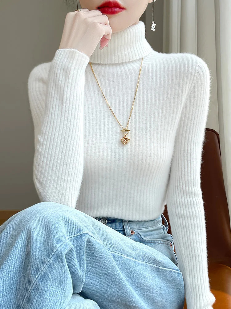 2026 AutumnWinter Womens Merino Wool Turtleneck Knitted Pullover Solid Color Basic Base Layer Warm Top Fashion Sweater 260920