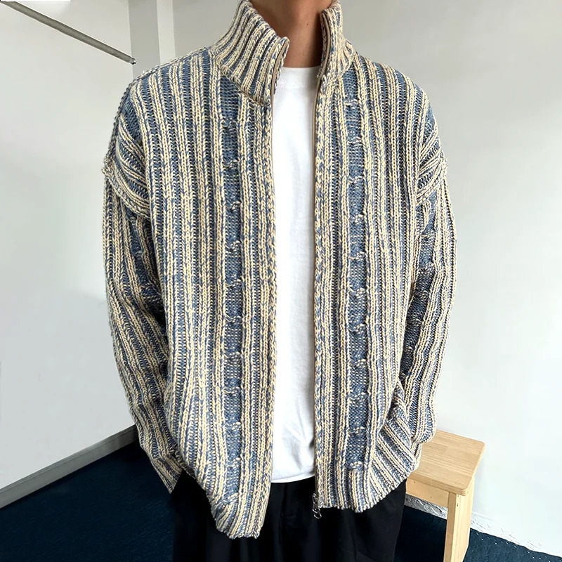 Striped Textured Men's Cardigan Knitwear Sweater Autumn Winter Fashion Casual Zipper Stand Collar Vintage Knit 260918