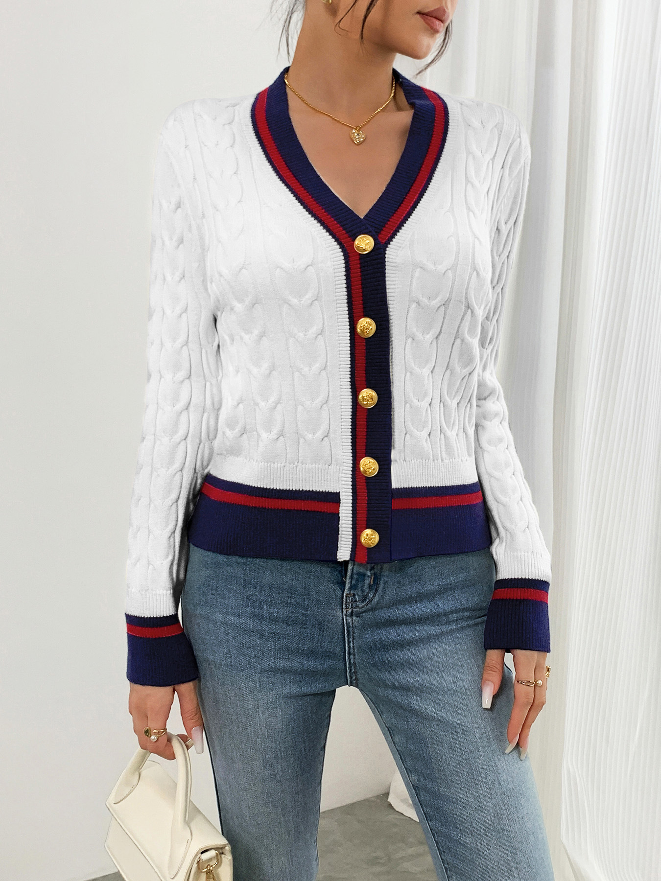 High-End Fashion Daily Luxury Clothing European And American Style, Cross-Border, Preppy-Style Spring/Autumn V-Neck Color-Block Cable-Knit Cardigan