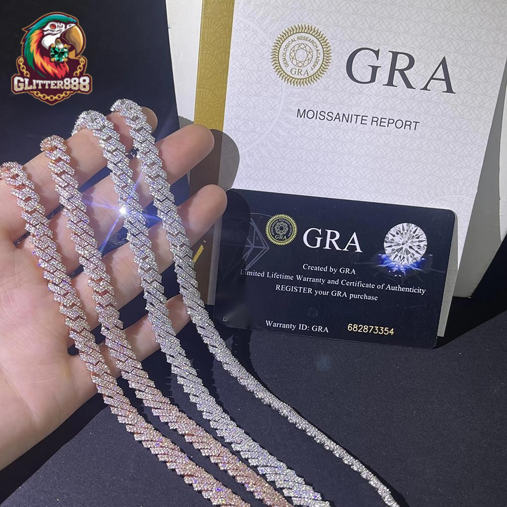 Unique High Quality GRS Certified 10mm Hip Hop Jewelry 2 Rows Moissanite Iced Miami Rose Gold Cuban Link Chain 925 Necklace