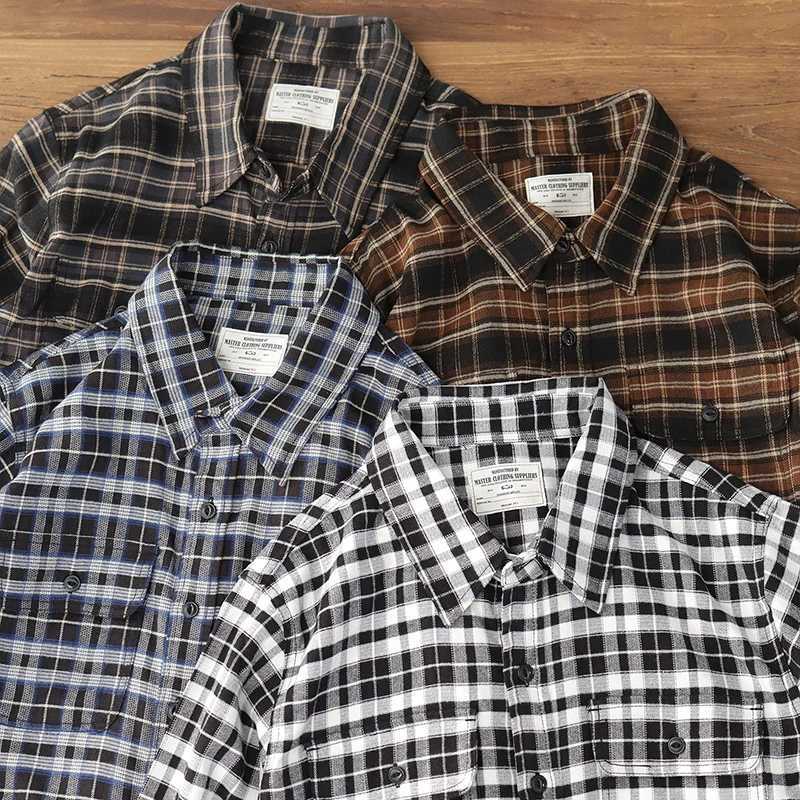 Men's Casual Shirts Plaid long-sleeved shirt men's spring and autumn new coat black and white with American retro tooling ground wool casu
