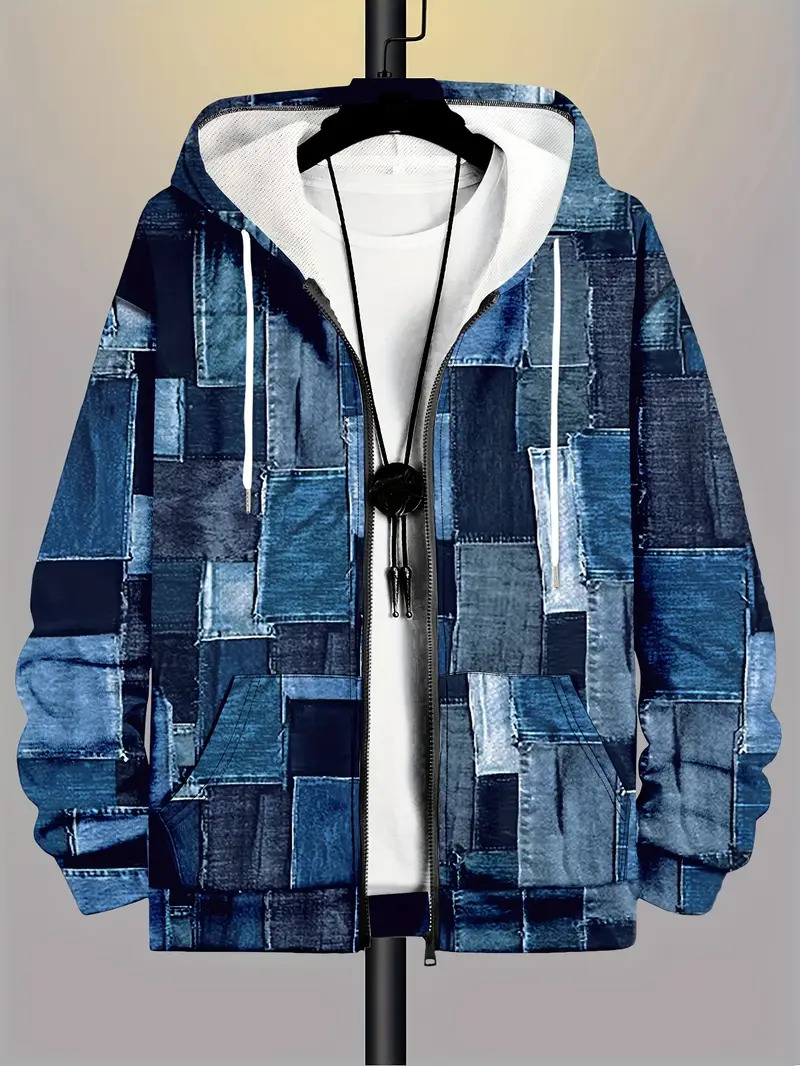 Retro Plaid Print Patchwork Zip Hoodie Men's Clothing Hot Style Long Sleeve Pullover Trend Streetwear Men zip up Hoodies