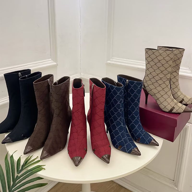 Designer Boots Over The Knee Boots Ankle Bombshell Boot Women Thigh High Heel Boots Letter Print Printed Canvas Shoes Pointed Toe Boots Heels Martin
