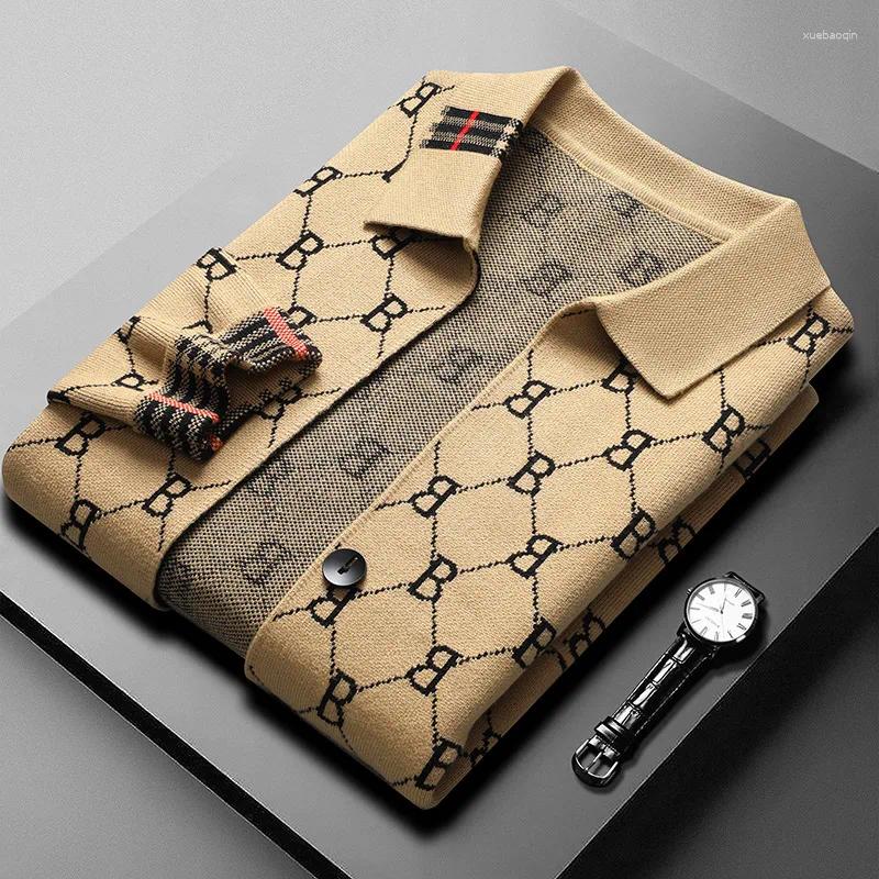High End Quality Men's Embroidery Jacquard Knit Cardigan Winter Lapel Long Sleeved Sweater Coat Warm Fashion Casual Wear