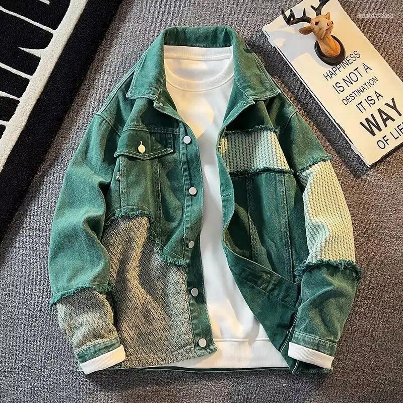 Denim Jackets Man Autumn Streetwear Patchwork Turn Down Collar Male Outerwear Loose Casual Long Sleeve Men Jean Coats