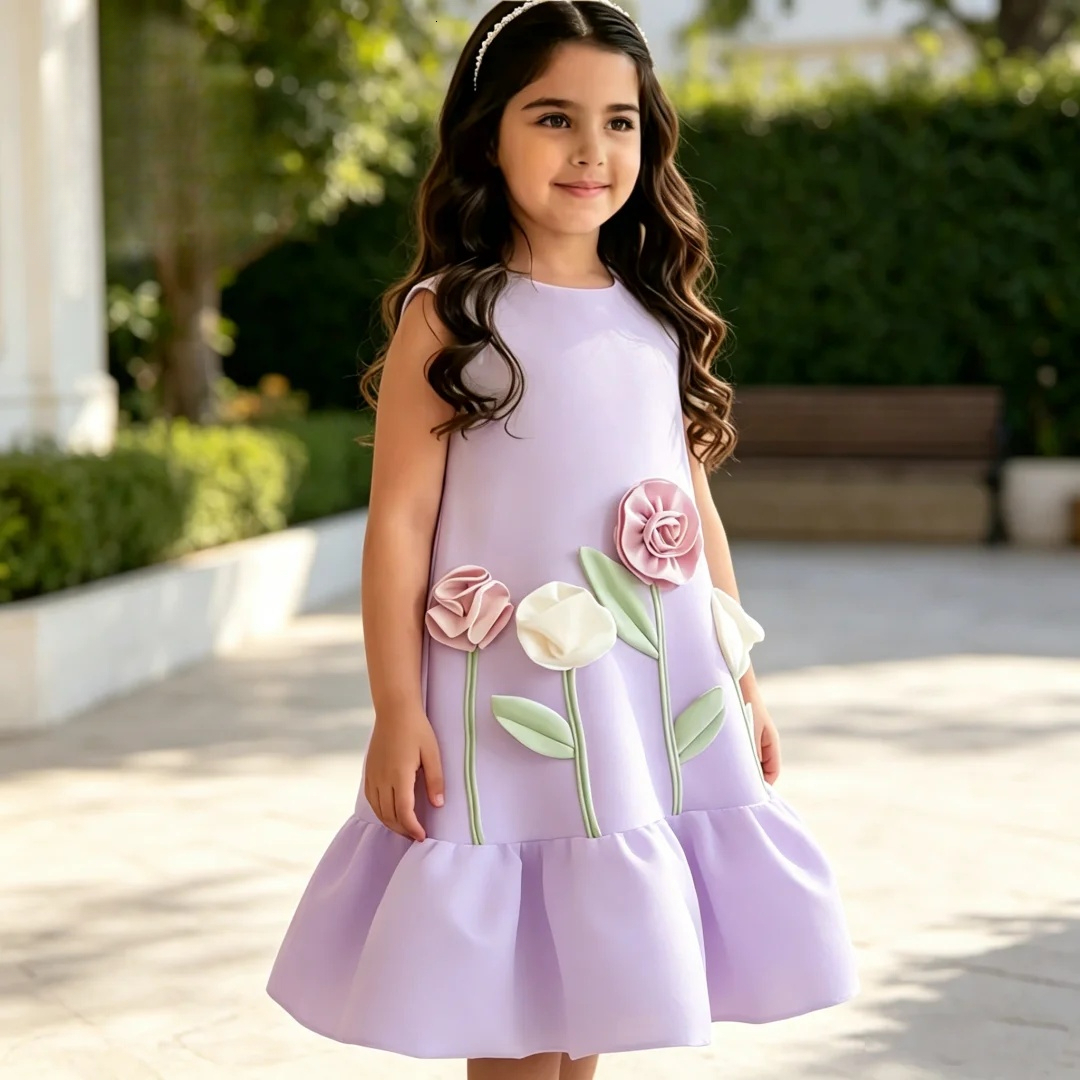 Abiti da ragazza di fiore adorabili al ginocchio Fiori 3D Una linea per bambini Abito da festa senza maniche con volant per bambini Abito da prima c