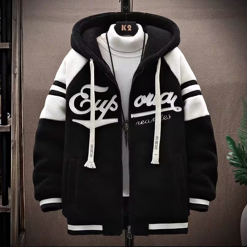 Lamb wool plush for men, trendy loose fit, plus-size men's clothing, autumn and winter fleece-lined thickened fleece hooded jacket