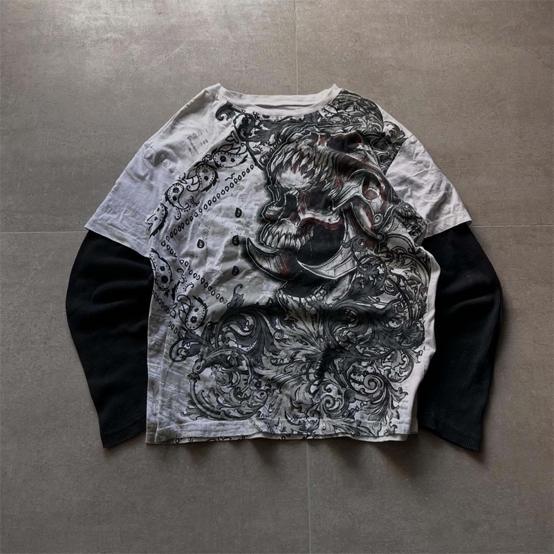 Y2K Gothic style Thorn Totem Printing Retro Long Sleeves T Shirt Harajuku Men Skull Holy Writ Letter Printing Tee Fashion Tops 260918