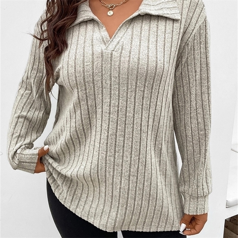 GIBSIE Plus Size Tshirt for Women Spring Fall Polo Collar Long Sleeve T-Shirt Female Casual Ribbed Knit Solid Tee Tops 260918