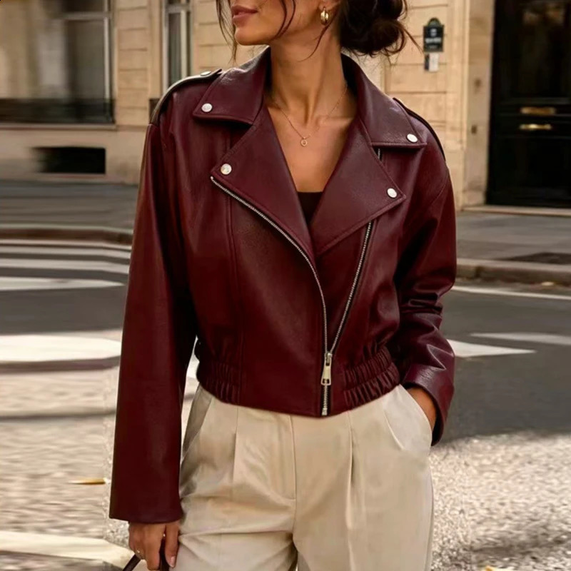 Women's Solid Faux Leather Cropped Jacket Lapel Collar Diagonal Zipper Elastic Long Sleeve Moto Coat Casual Streetwear Outerwear 260911