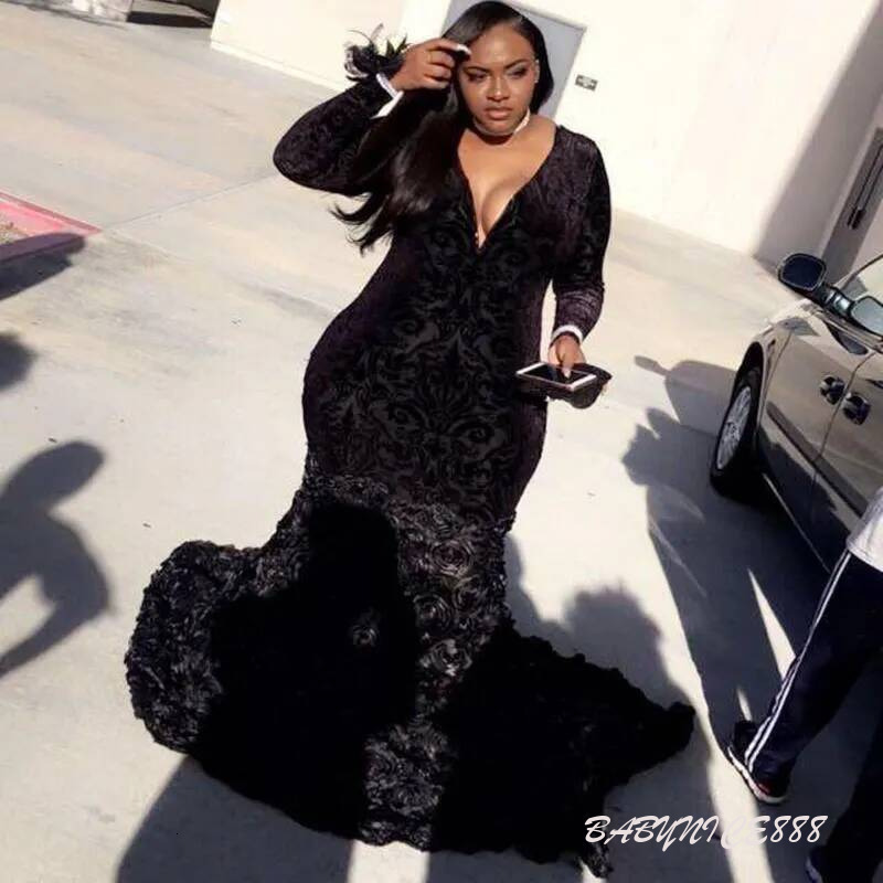 Plus Size Prom Dresses Mermaid Lace Plunging V Neck Long Sleeve Evening Gowns With 3D Flowers African Black Girl Dress