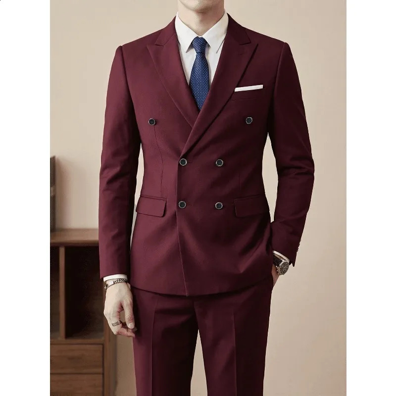 Men'S Slim Fit 2pcs Suit Double Breasted Business Wedding Prom Tuxedo Suits Blazer Pants Set 260918