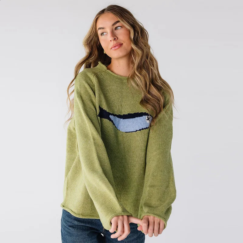 Cute Cartoon Fish Pattern Knitted Sweater Round Neck Soft Casual Trendy Retro Top 2025 Autumn Winter Women Interior Clothing 260918