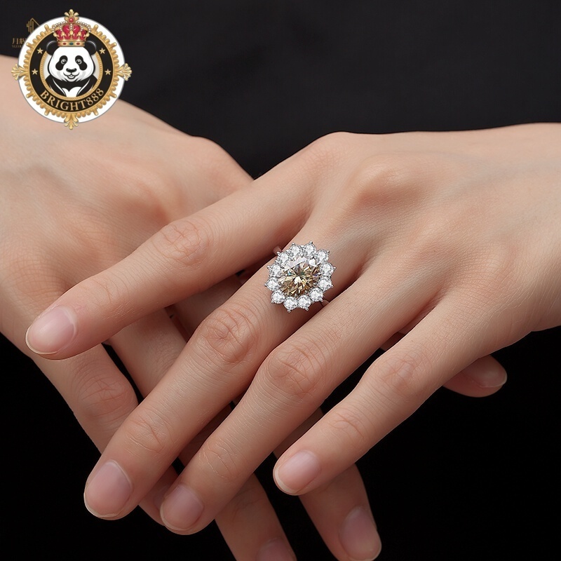 Luxury Moissanite Jewelry 925 Silver champagne Moissanite Oval Ring 3ct Flower Full All Moissanite Jewelry Pass Diamond Tester