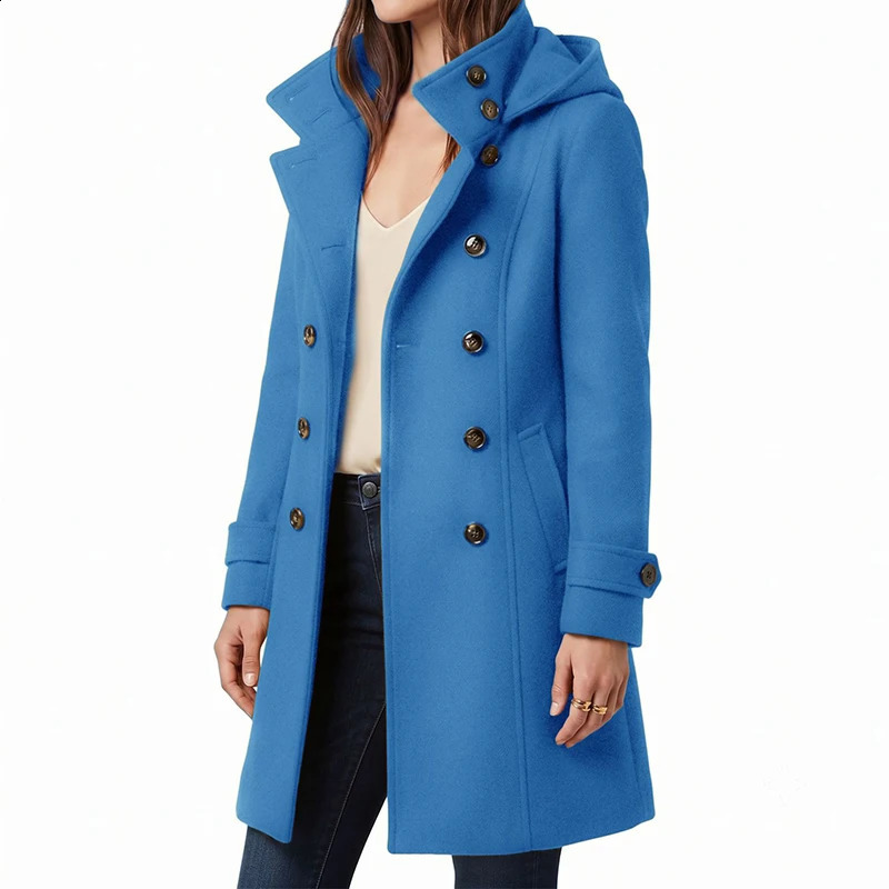 Elegant Lady Solid Color Slim Commute Coat Autumn Winter Single Breasted Outerwear Fashion Hoodies Long Sleeve Woolen Jacket 260918