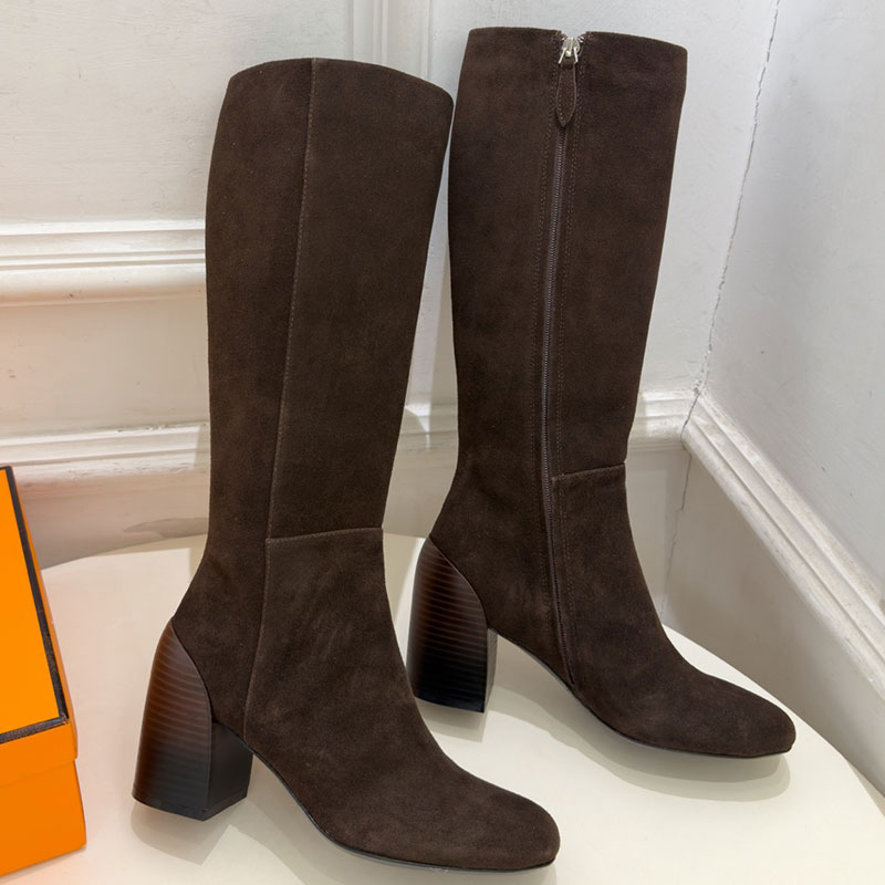 Designer autumn knee high boots luxury womens boots anti slip wear leather outsole heel height 7cm boots with side zipper closure thick heel knee hi