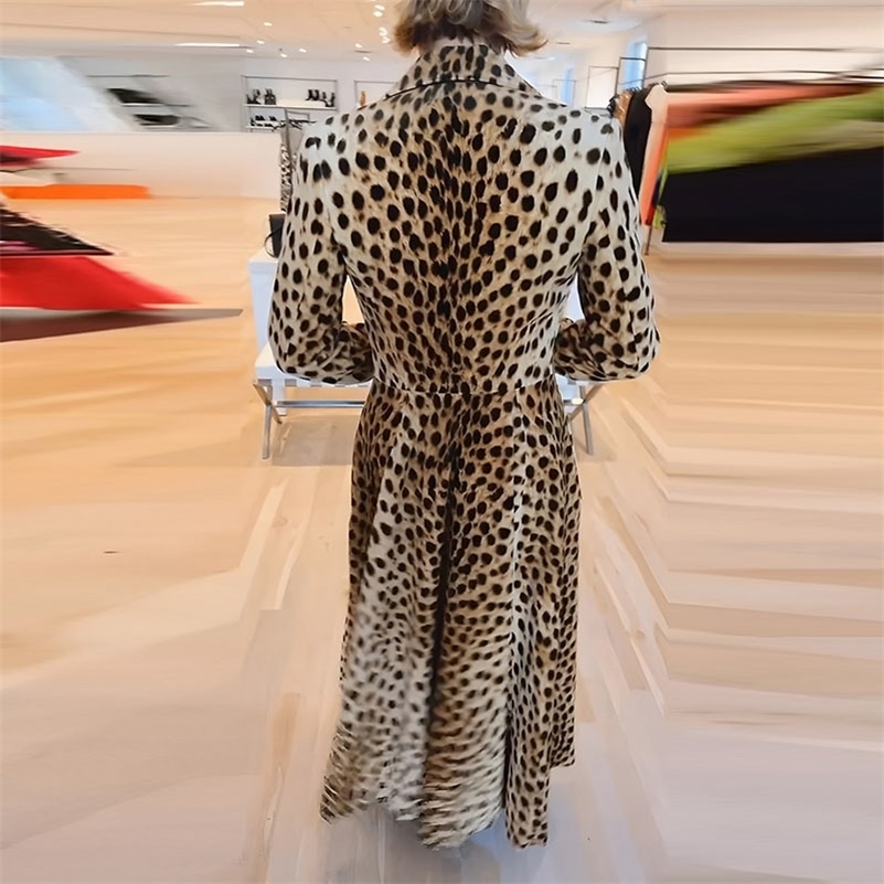 Autumn Women Leisure Pocket Outerwear High Street Leopard Printed Long Sleeve Trench Coat Fashion Lapel Slim Commute Jacket 260920