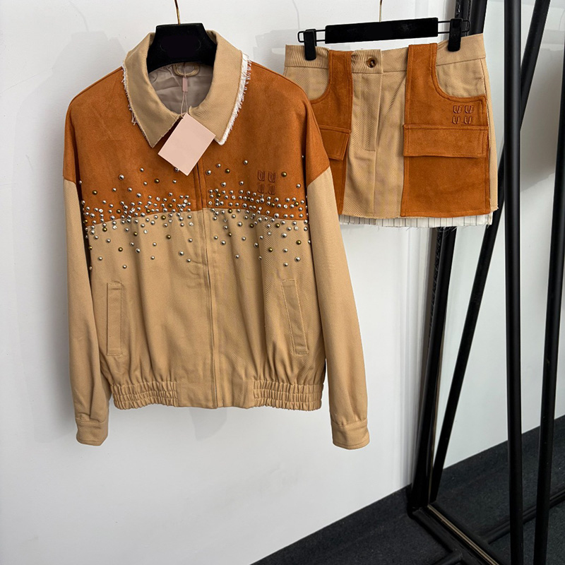 Chic Women Knit Jackets Lapel Collar Zip Jackets High Waist A Line Mini Skirts Retro Color Block Faux Suede Vest Pants Suit for Women