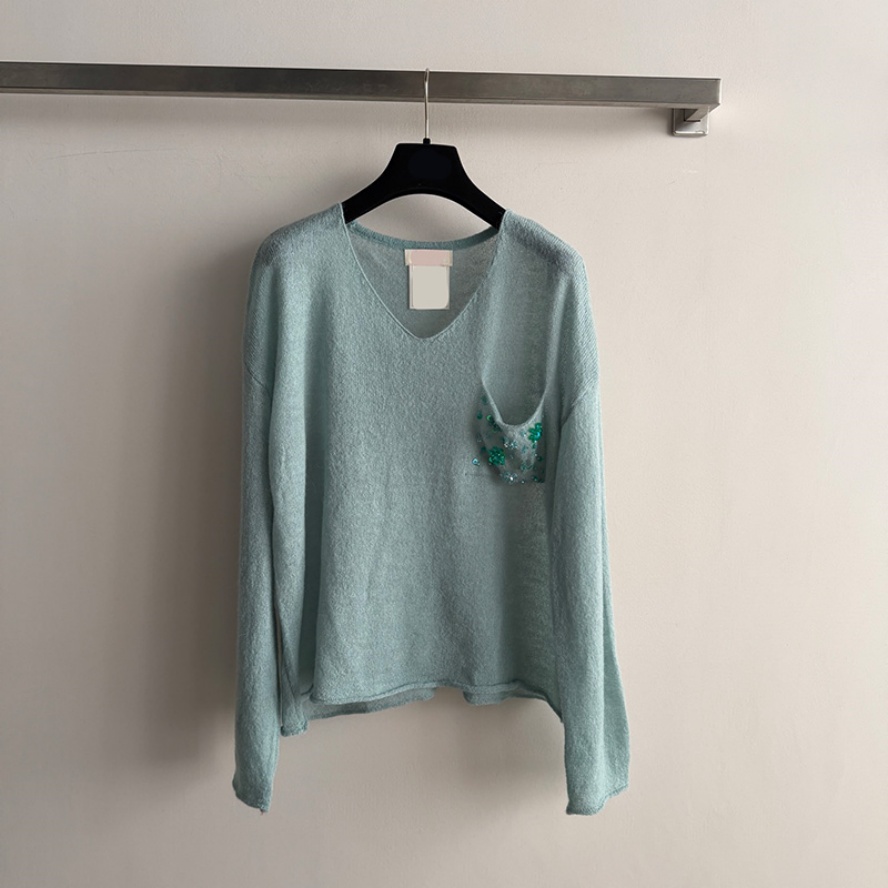 Women V Neck Pullover Sweater Designer Rhinestone Loose Thin Knit Jumpers Tops Autumn Casual Breathable Elegant Date Outfit Sweater