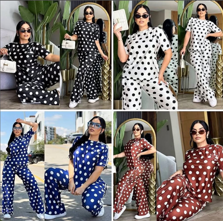 polka dot Tracksuits Summer Sets For Womens 2 Pieces Round Neck Short Sleeve And Wide Leg Pant suits New Women Outfit Tracksuit