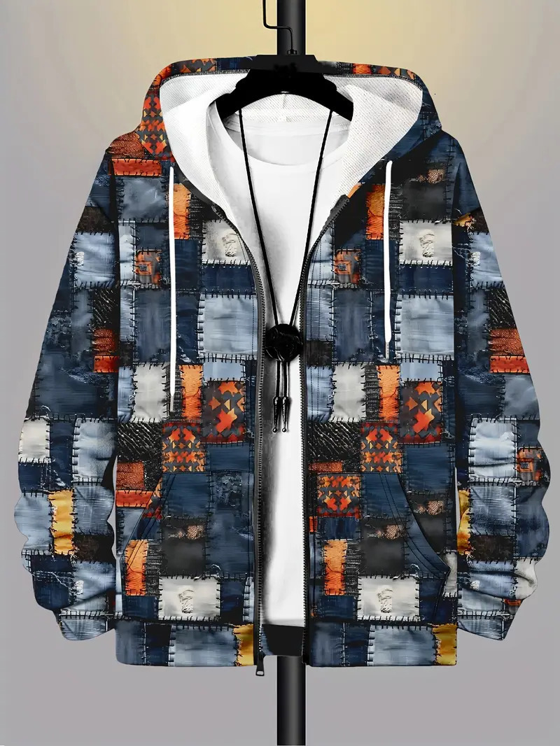 Retro Plaid Print Patchwork Zip Hoodie Men's Clothing Hot Style Long Sleeve Pullover Trend Streetwear Men zip up Hoodies 1209