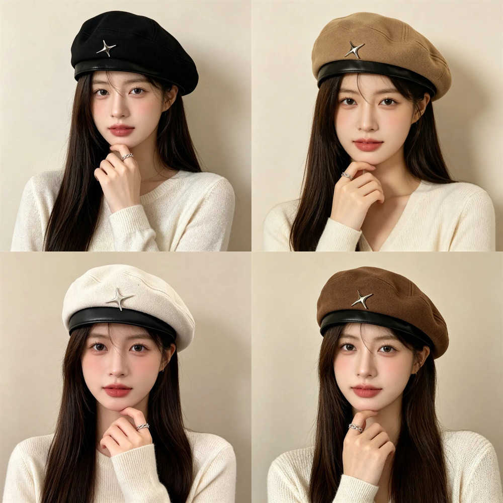 Fashion British Style Star Berets Beret Y2K Pu Leather Painter Hat Brown Retro Artist Hat Outdoor J260919
