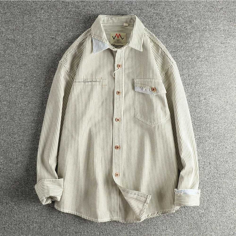Men's Casual Shirts 100% cotton retro patch splicing design American retro men's denim long-sleeved shirt custom-woven striped fabric tren