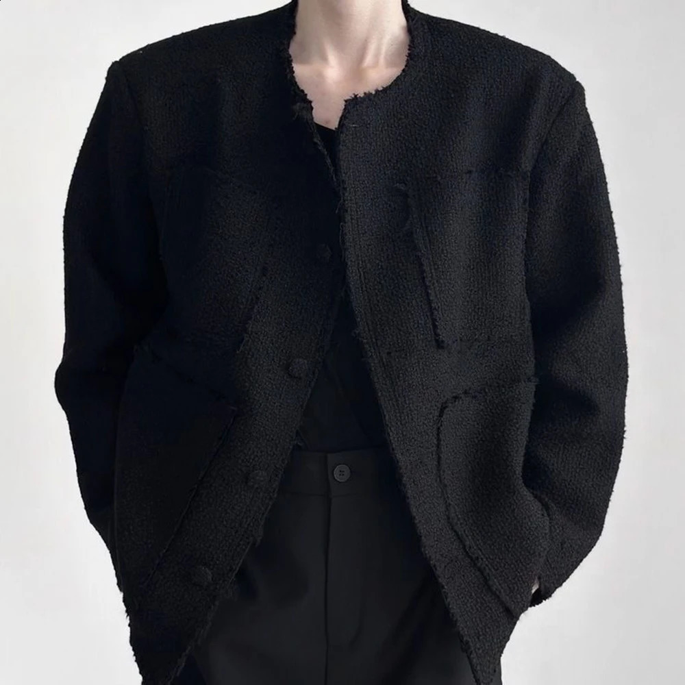 Mens Solid Color HighEnd Jacket Autumn And Winter Style Raw Edge n Collarless Loose Top Korean Trendy 260920