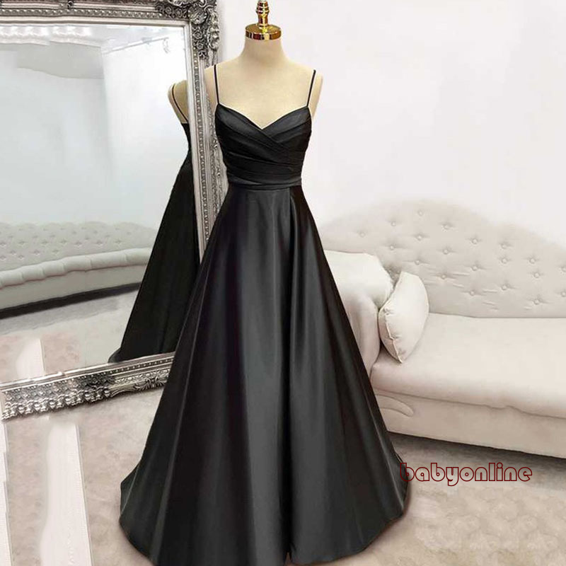 Black A Line Formal Evening Prom Dresses V Neck Pleat Party Dress Spaghetti Strap Special Occasion Dresses robe de soiree Customized
