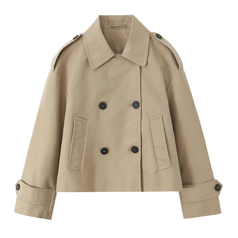 Willshela Women Fashion Khaki Double Breasted Short Trench Jacket Vintage Notched Neck Long Sleeve Female Chic Lady Coat Outfits 260920