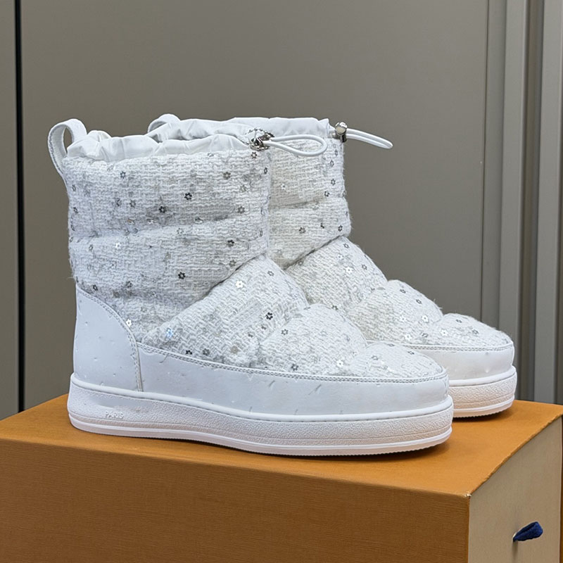 Women Platform Heels Ankle Snow Boots Designer Sequins Lace Up Outdoor Leisure Shoes Vintage Black White Luxury Western Snow Boot 26ss Rubber Sole S