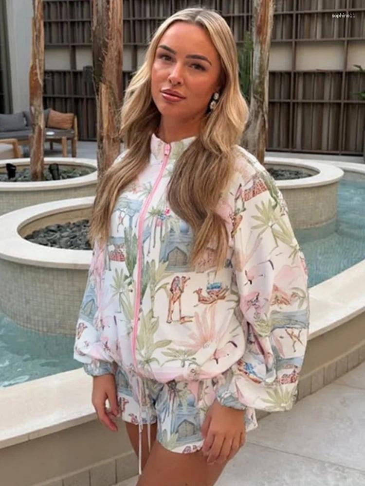Autumn Long Sleeve Stand Collar Coats Wide Leg Shorts Fashion Printed Jackets Set For Women Casual Lady Outfit Street