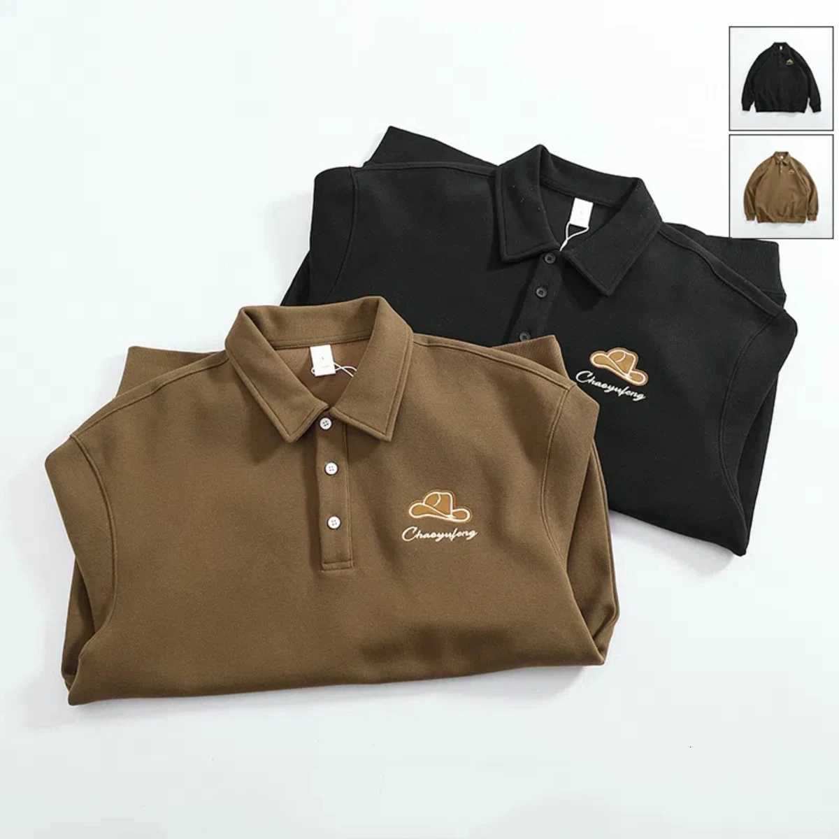 Men's Hoodies Sweatshirts Bead cotton composite fabric heavy solid color loose men's silhouette hoodie lapel long sleeve POLO shirt X26091