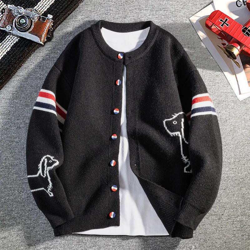 Fashion Brand Men's Knitted Cardigan Autumn Classic Striped Design Cute Puppy Print Korean Casual Button High-End Sweater Coat