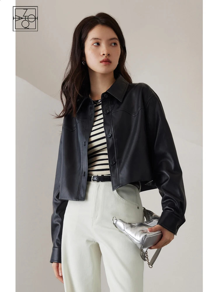 ZIQIAO Short American Retro Leather Jacket Coat for Women Spring and Autumn Casual Fashionable Clothes Female 260920