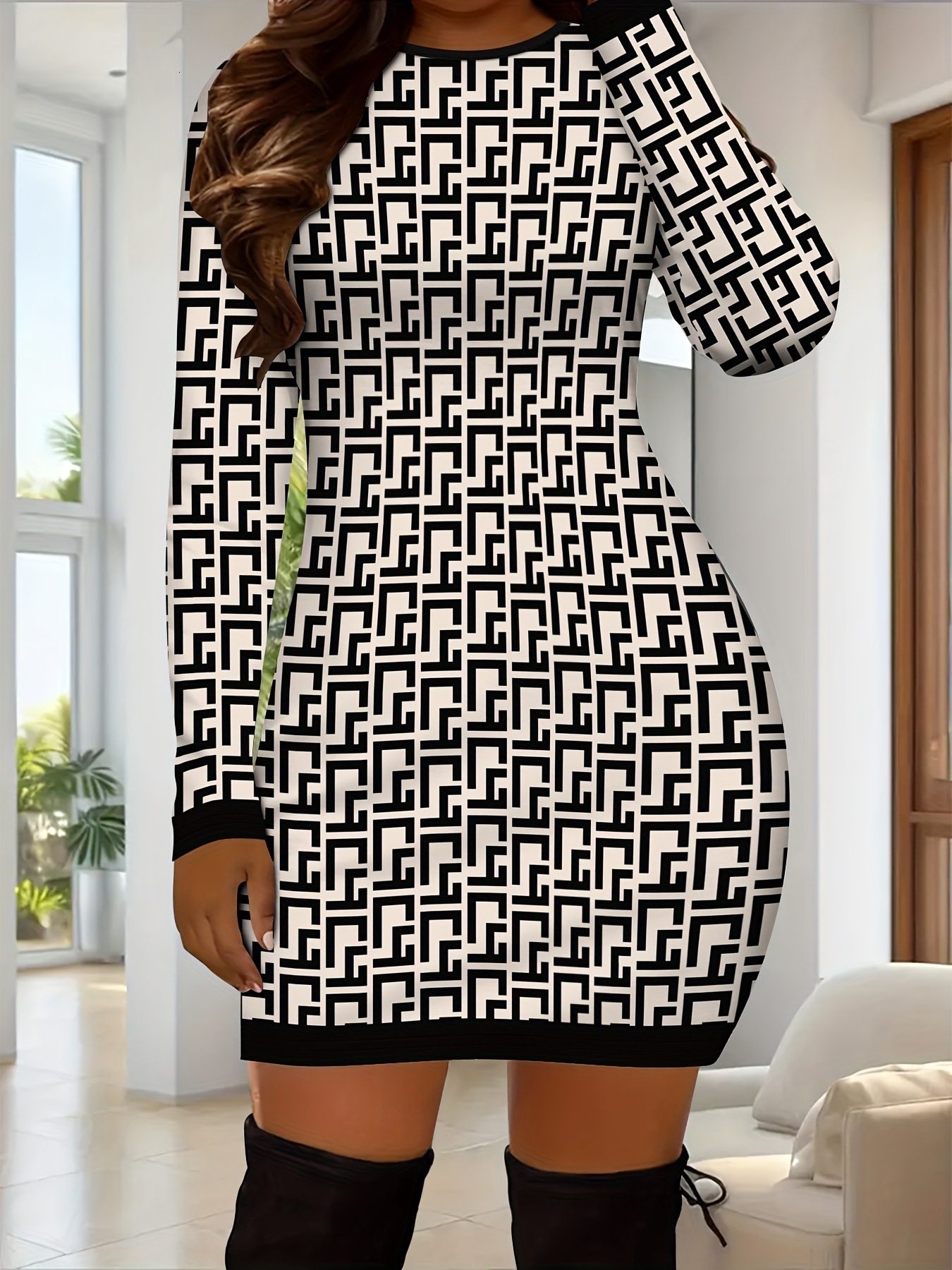 High-End Fashion Daily Luxury Clothing 26 Autumn Collection: Popular European American Style Black And White Geometric Pattern, Round Neck, Slim-Fit