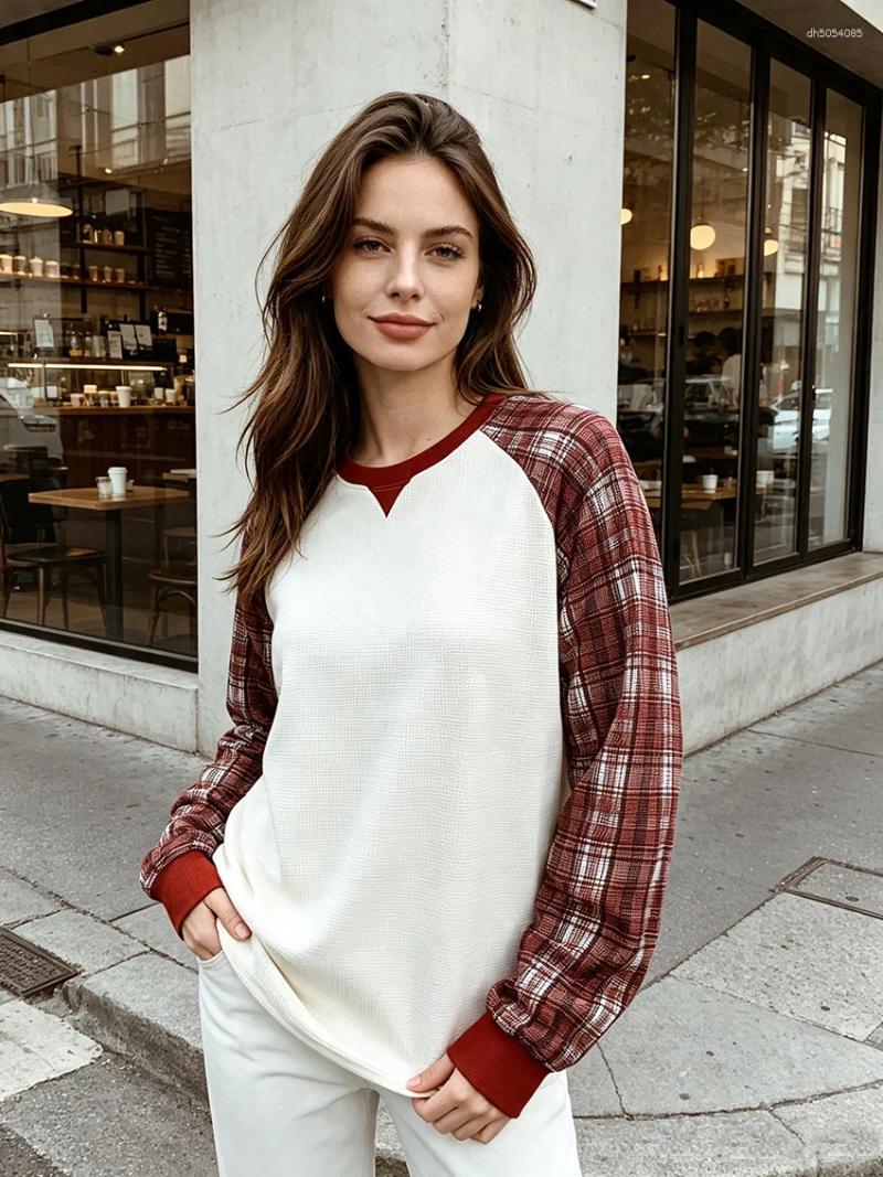 Vintage Plaid Patchwork Long Sleeve Shirts For Ladies Waffle Textured Raglan Tee Crew Neck Retro Soft Daily Casual Loose Fit Top