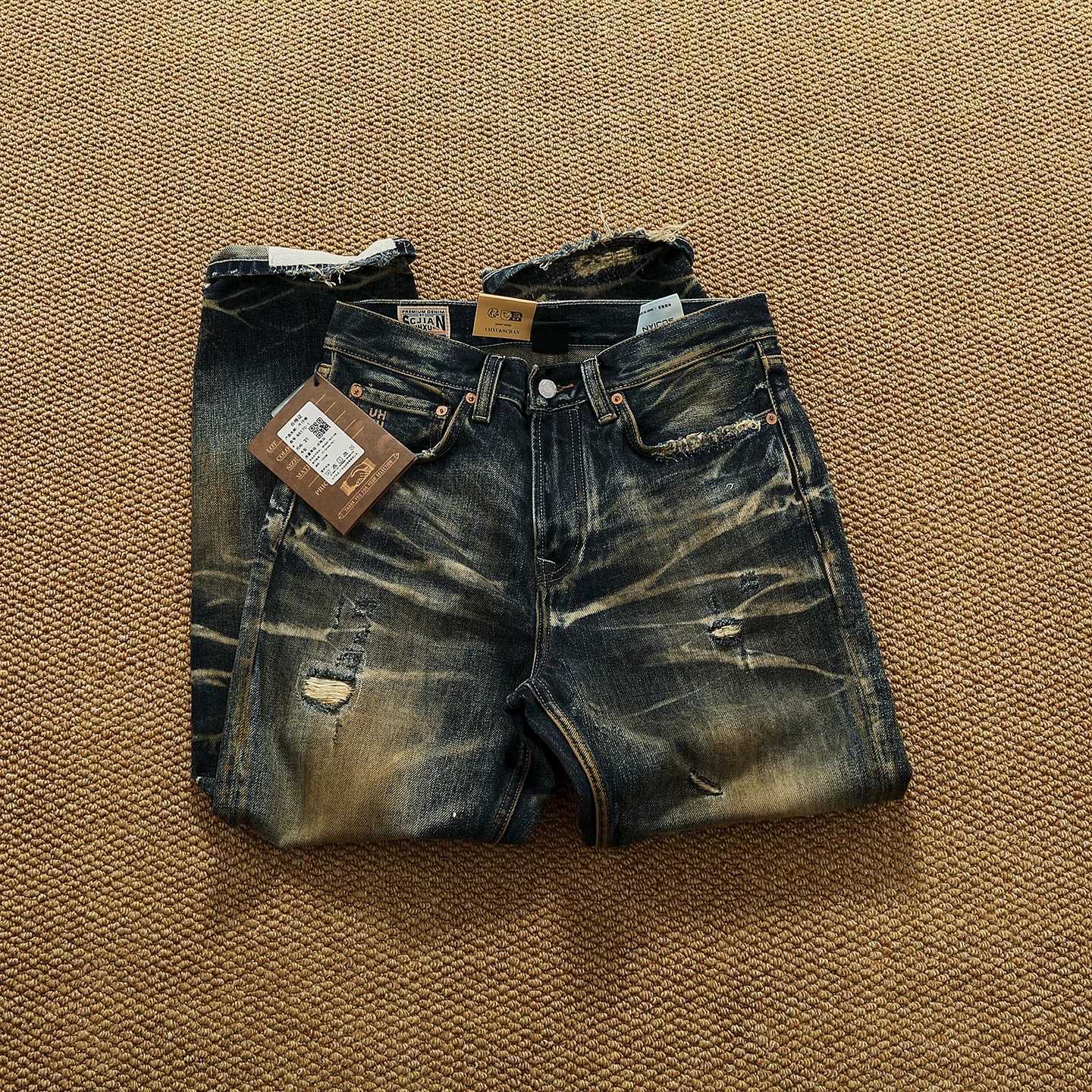 Men's Jeans 14.5OZ thick autumn and winter jeans men's high street trendy oily dirty wash patch jeans trendy X260919