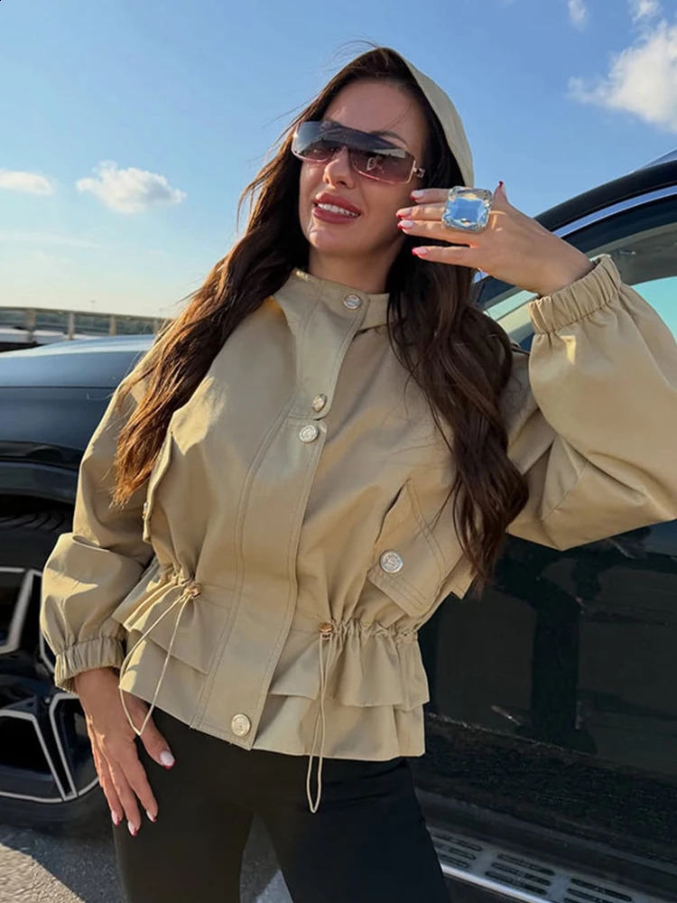 Fashion Solid Womens Jacket Stand Collar Button Drawstring Waist Ruffle Hem Short Coat Chic 2026 Spring Autumn Street Wear 260920