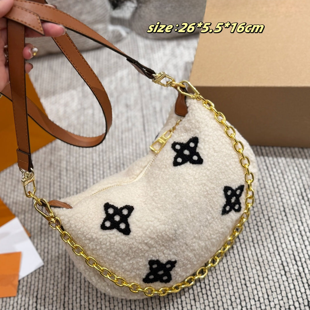Designer bag skiing bags 26cm Shoulder Bag gold hardware Classic Women baby lamb wool handbag Half-moon bag Crossbody bag Luxury bag