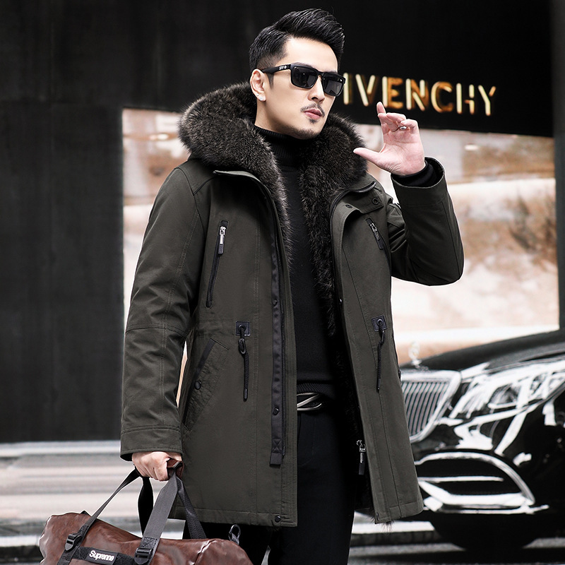 Men's parka coat with American raccoon lining, mid-length, thickened fur coat, genuine leather jacket for men
