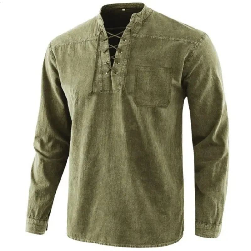 Cotton Shirt Long Sleeves Tops Casual Tie Dye Mens Solid Color Lace Up V Neck T Shirt Plain Blouse Autumn Henley Collar Shirt 260920